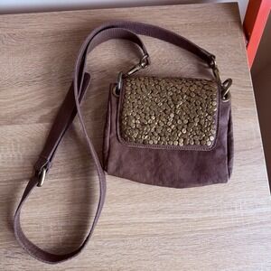 Monserat de Lucca Brown Suede Leather Gold Circle Size Crossbody Purse Small Bag